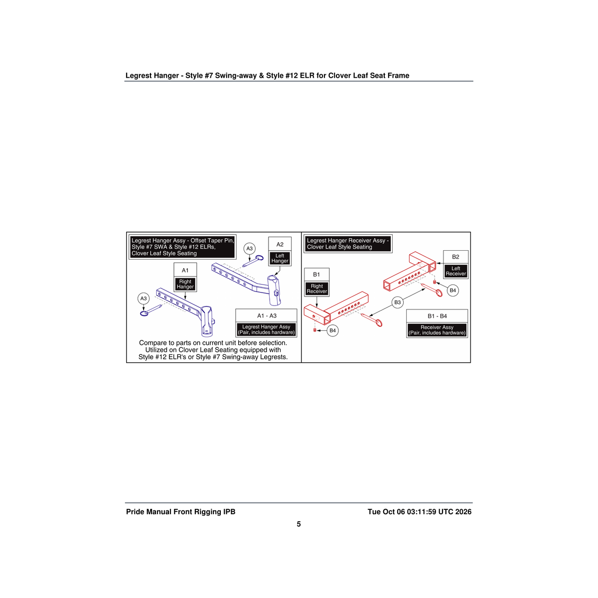 Pride Mobility FRMASMB12548 taper pin legrest hanger assembly parts diagram
