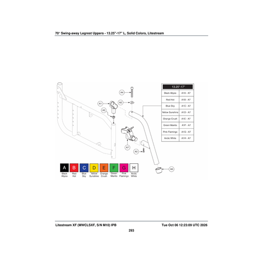 Pride Mobility FRMASMB12940 70a° legrest assembly arctic white 13.25 inch -17 inch upper parts diagram