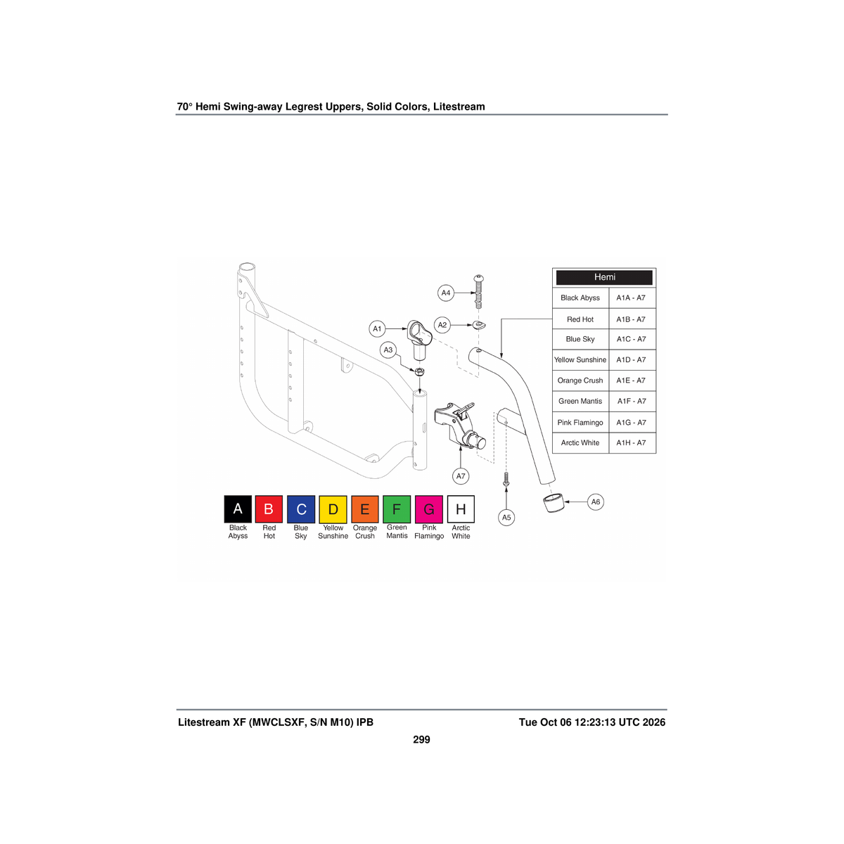 Pride Mobility FRMASMB13729 s/a legrest assembly 70a° yellow litestreamxf hemi upper parts diagram