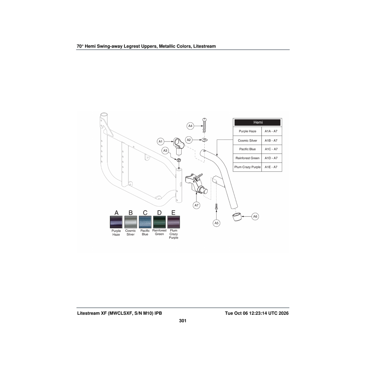 Pride Mobility FRMASMB13732 s/a legrest assembly 70a° purple litestreamxf hemi upper parts diagram