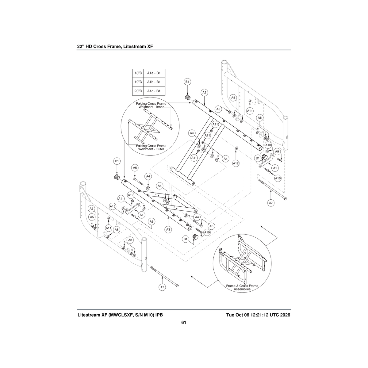 Pride Mobility FRMASMB13948 heavy duty frame assembly folding cross frame 22 inch w 20 parts diagram