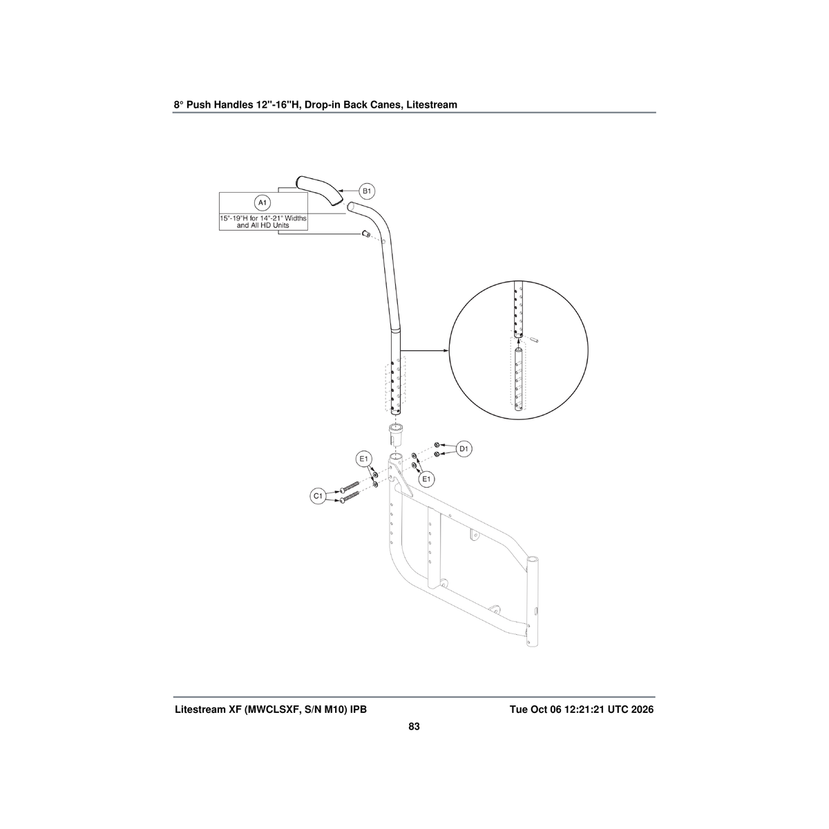 Pride Mobility FRMASMB14147 8a° back cane assembly with insert with push handle 15 inch parts diagram