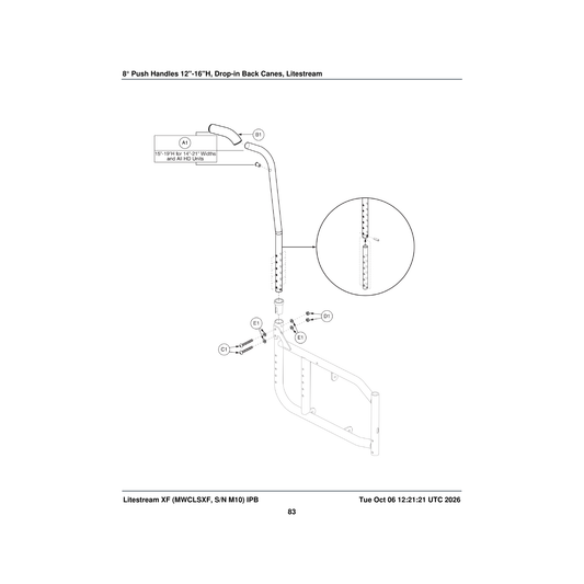 Pride Mobility FRMASMB14147 8a° back cane assembly with insert with push handle 15 inch parts diagram