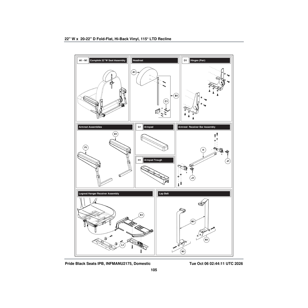 Pride Mobility FRMASMB14157 115a° ltd rec hinge universal with quick release seat frame parts diagram