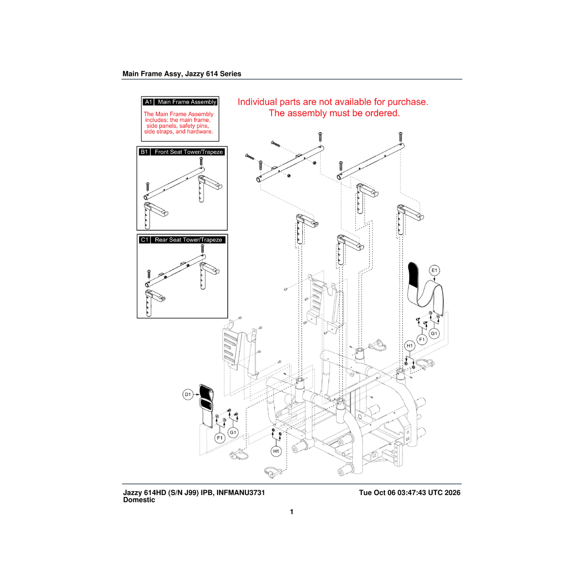 Pride Mobility FRMASMB14392 front hollow trapeze bar seat tower assembly jazzy614 parts diagram
