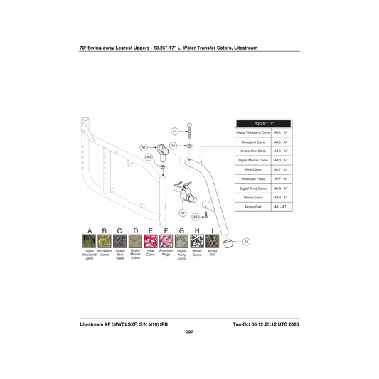 Pride Mobility FRMASMB14573 70a° legrest assembly woodland camo 13.25 inch -17 inch parts diagram