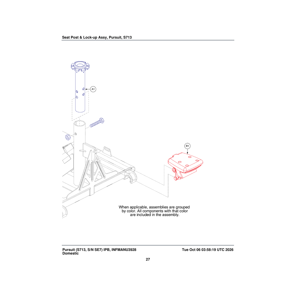 Pride Mobility FRMASMB15323 upper seat post assembly 8 position 4-hole parts diagram