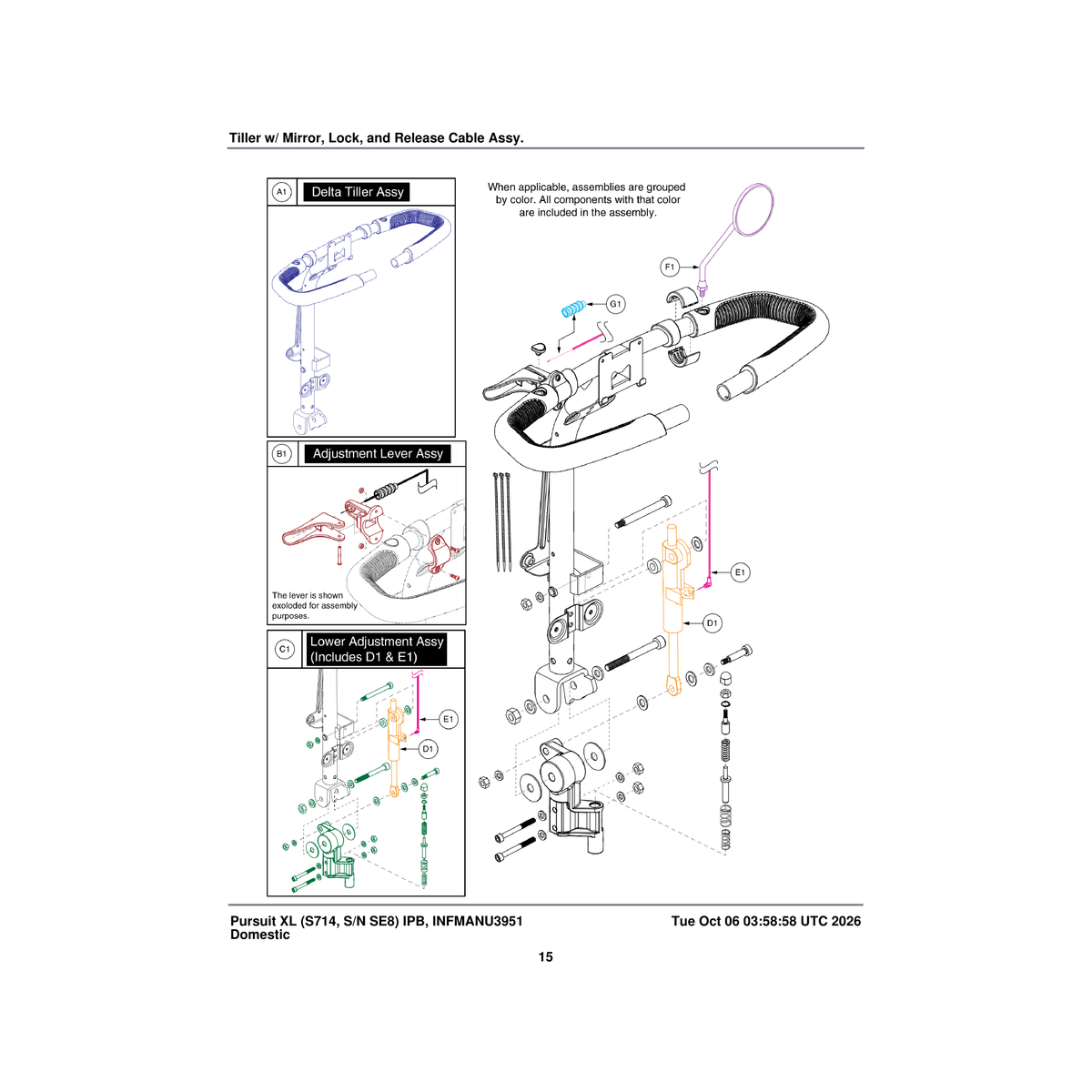 Pride Mobility FRMASMB15327 delta tiller assembly with left/right ready handbrake parts diagram