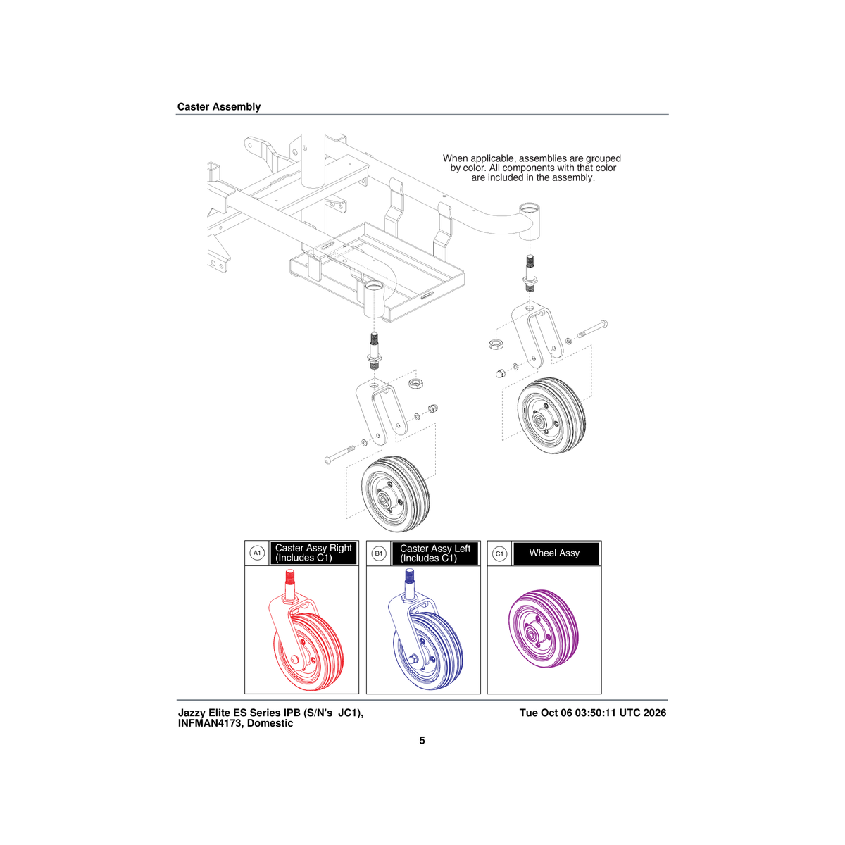 Pride Mobility FRMASMB15653 with black 6 inch x 2 inch flat free wheel caster assembly left parts diagram