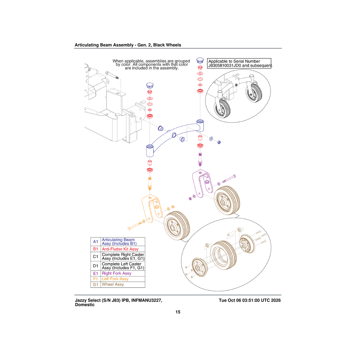 Pride Mobility FRMASMB15726 flat free caster assembly silver rim/black tire 6 inch wheel right jazzyselect parts diagram