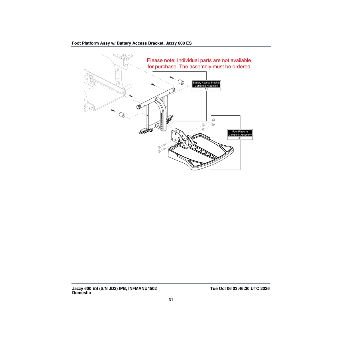 Pride Mobility FRMASMB16077 footplate with mounting bracket assembly parts diagram
