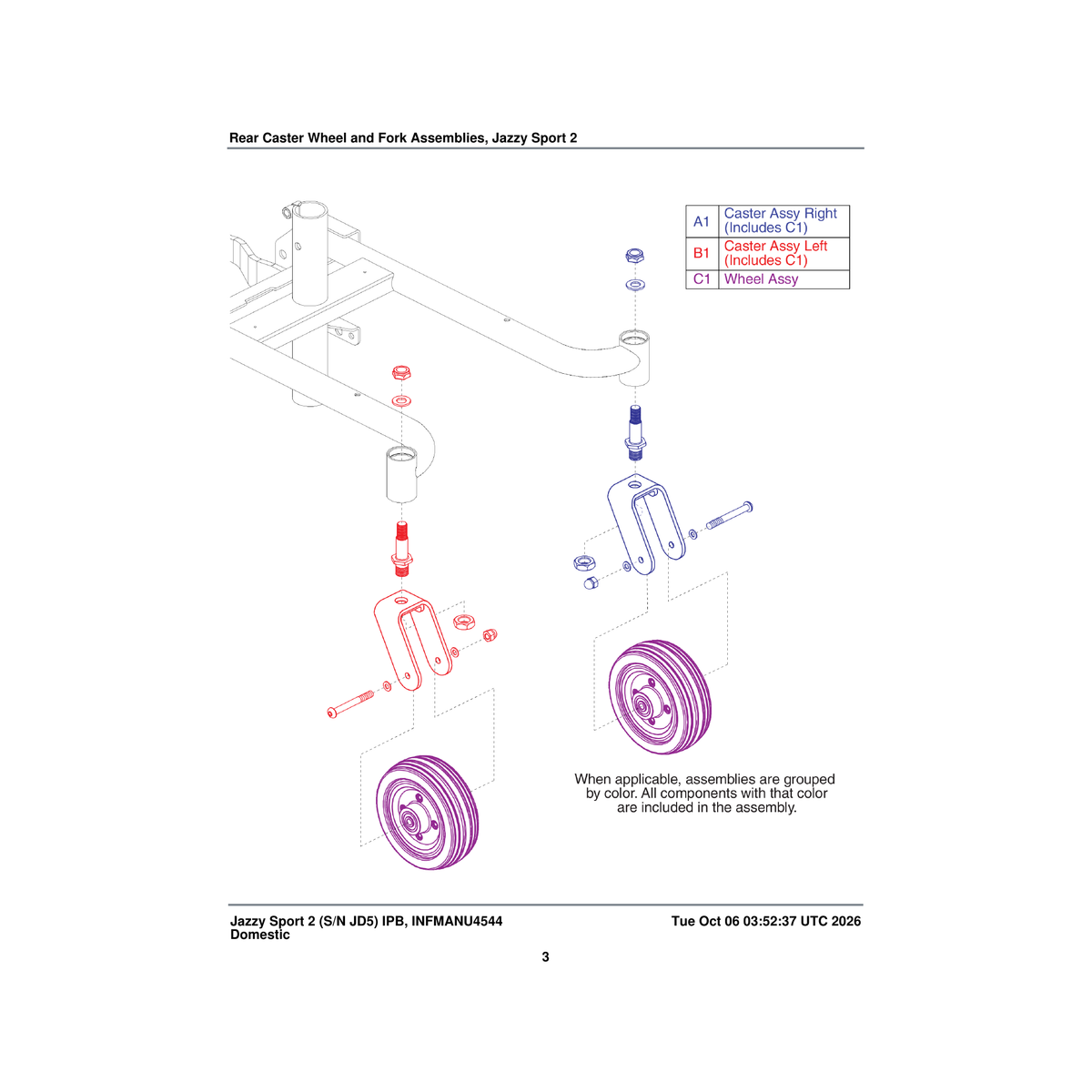 Pride Mobility FRMASMB16970 double powdercoat caster assembly with black 6 inch x 2 inch flat free wheel right parts diagram