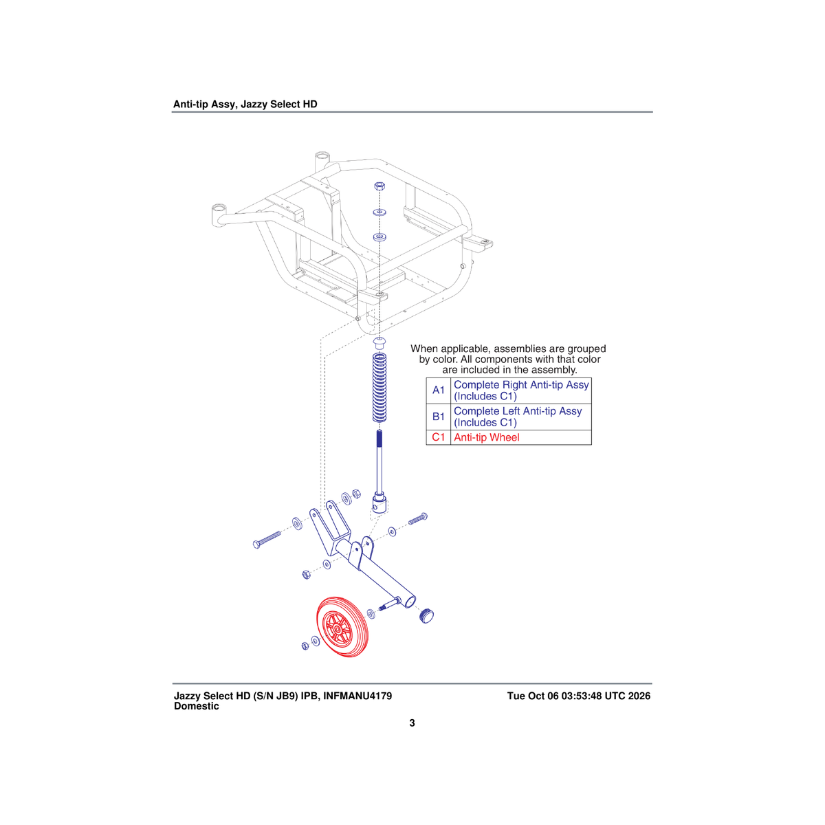 Pride Mobility FRMASMB17218 right anti-tip assembly 6 inch wheel black jazzy select hd parts diagram