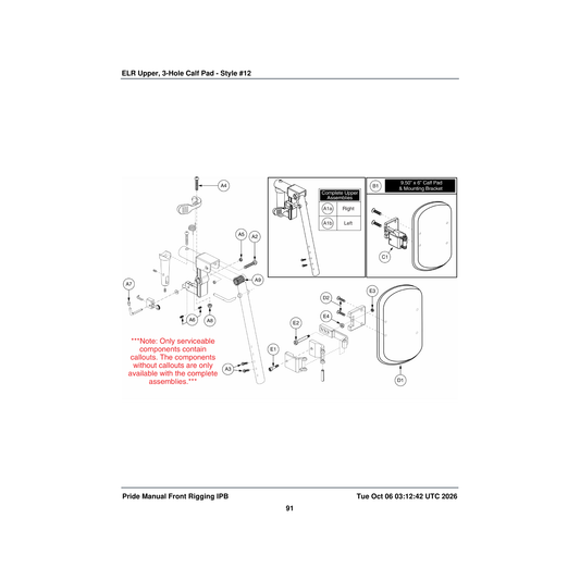 Pride Mobility FRMASMB2857 calf pad mounting bracket assembly 3-hole parts diagram