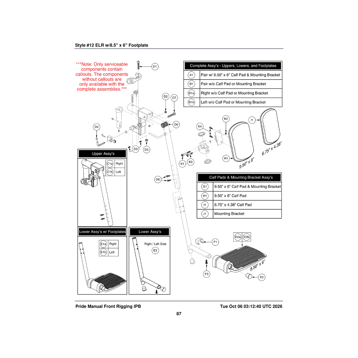 Pride Mobility FRMASMB3808 elr #12 legrest assembly 8.50 inch x 6 inch reinforced parts diagram