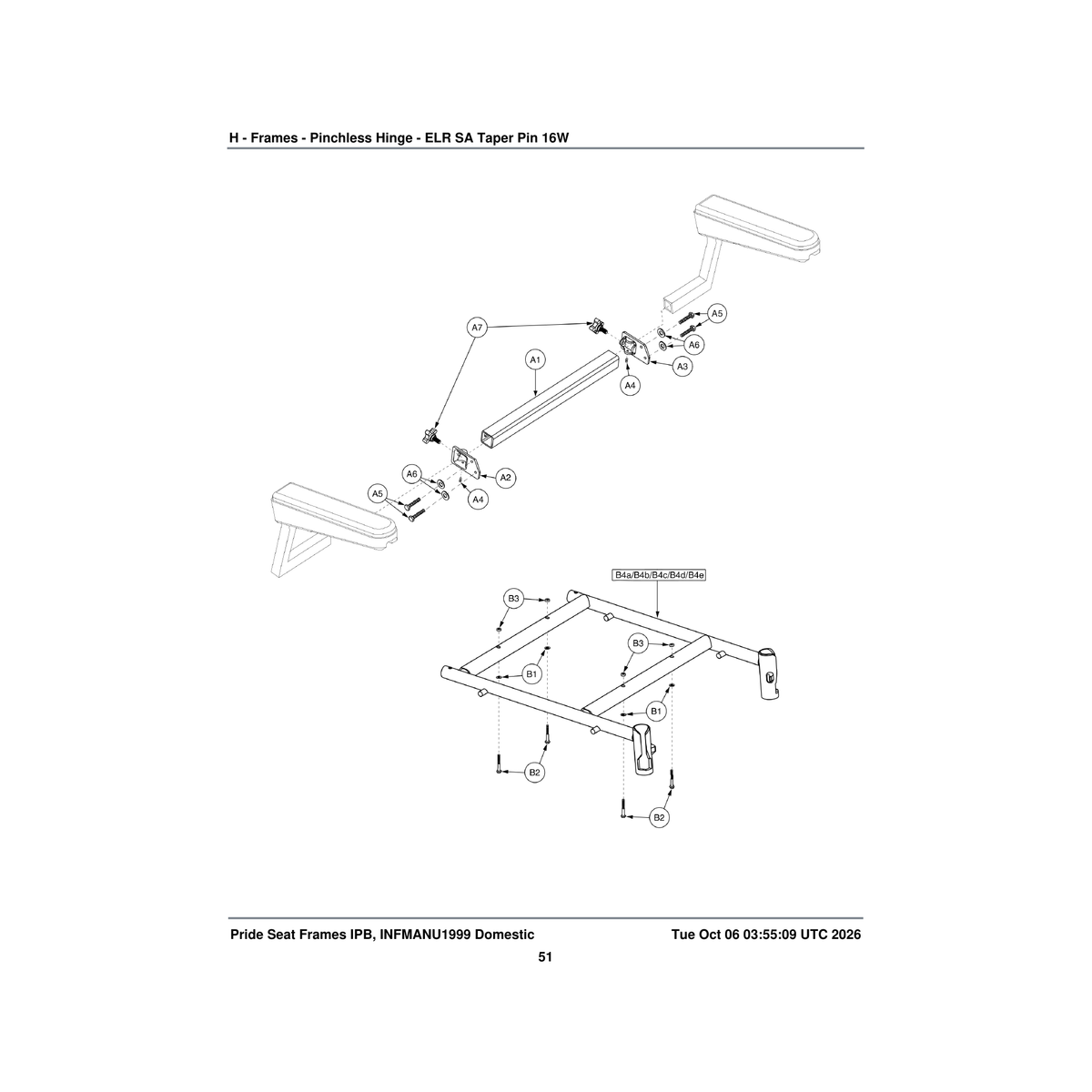 Pride Mobility FRMASMB4231 pinchless hinge seat frame assembly 16 inch w 22 inch d parts diagram