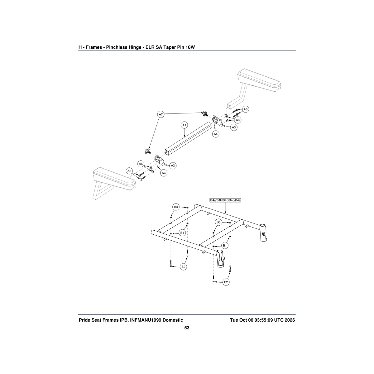 Pride Mobility FRMASMB4234 pinchless hinge seat frame assembly 18 inch w 18 inch d parts diagram