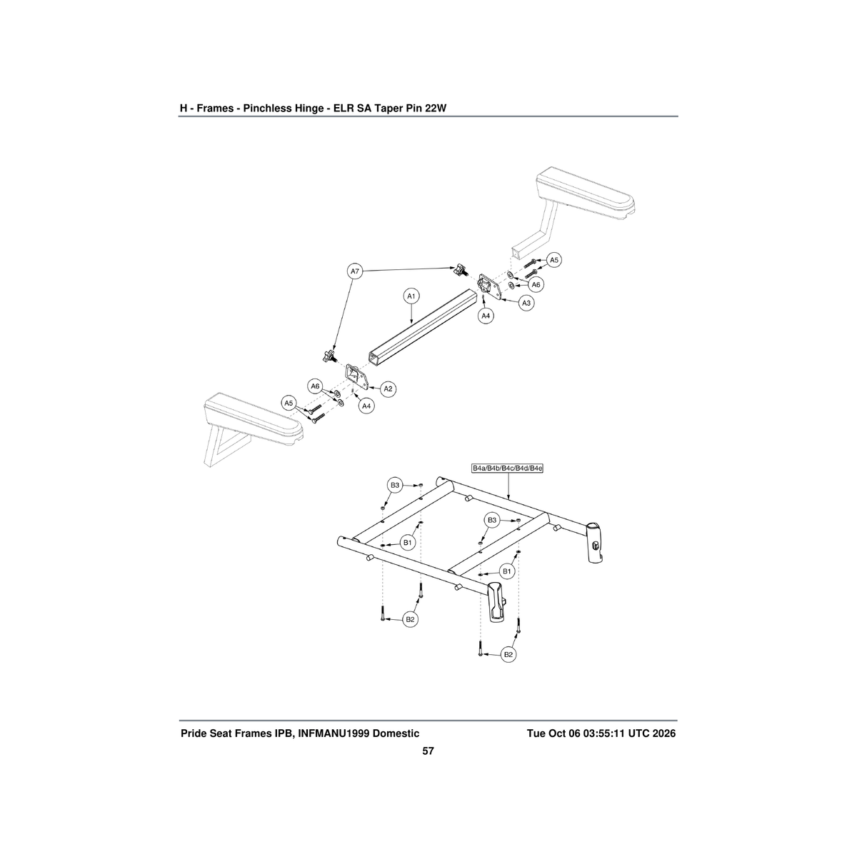 Pride Mobility FRMASMB4246 pinchless hinge seat frame assembly 22 inch w 22 inch d parts diagram