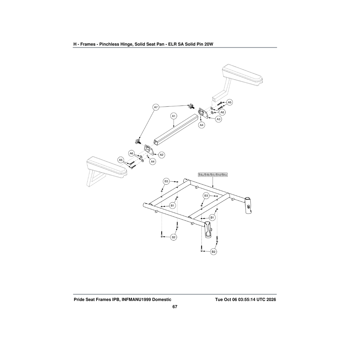 Pride Mobility FRMASMB4272 pinchless hinge with solid seat pan seat frame assembly 20 parts diagram