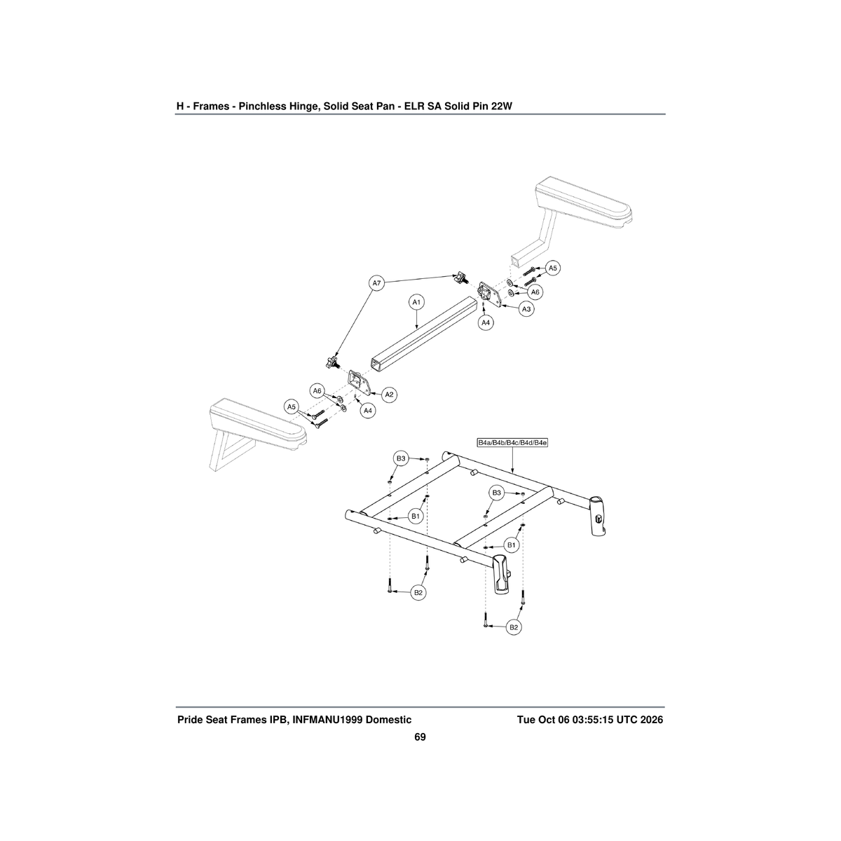 Pride Mobility FRMASMB4277 pinchless hinge with solid seat pan seat frame assembly 22 parts diagram
