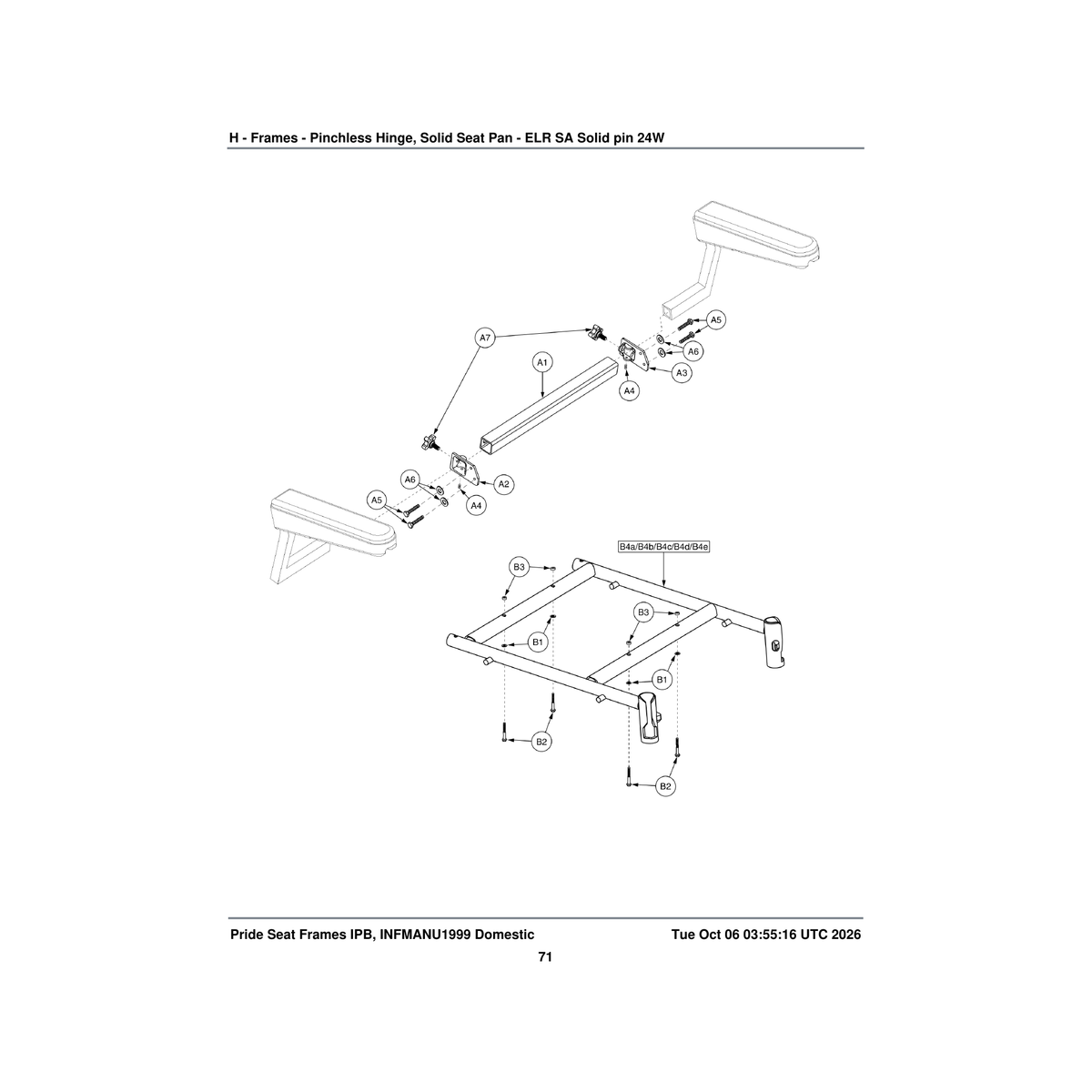 Pride Mobility FRMASMB4283 pinchless hinge with solid seat pan seat frame assembly 24 parts diagram