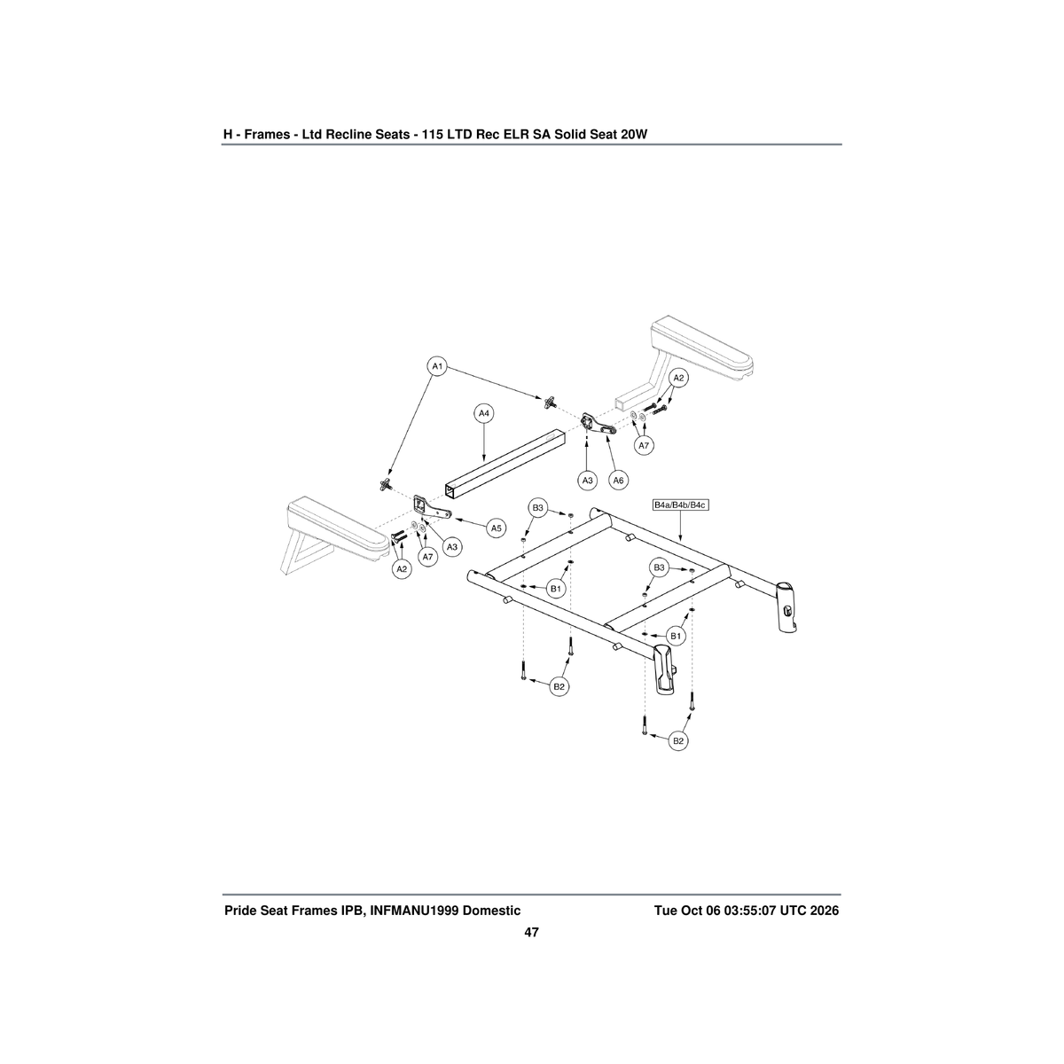 Pride Mobility FRMASMB4294 115°ltd rec hinge with solid seat pan seat frame assembly 20 parts diagram