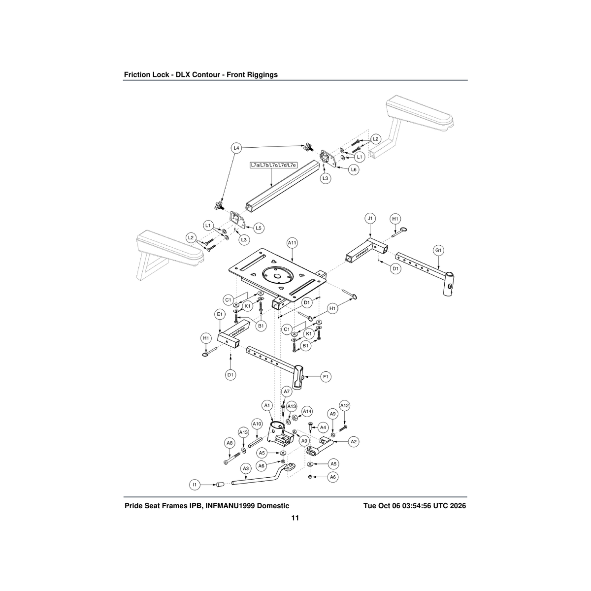Pride Mobility FRMASMB4367 pinchless hinge friction lock seat frame assembly 24 inch w parts diagram