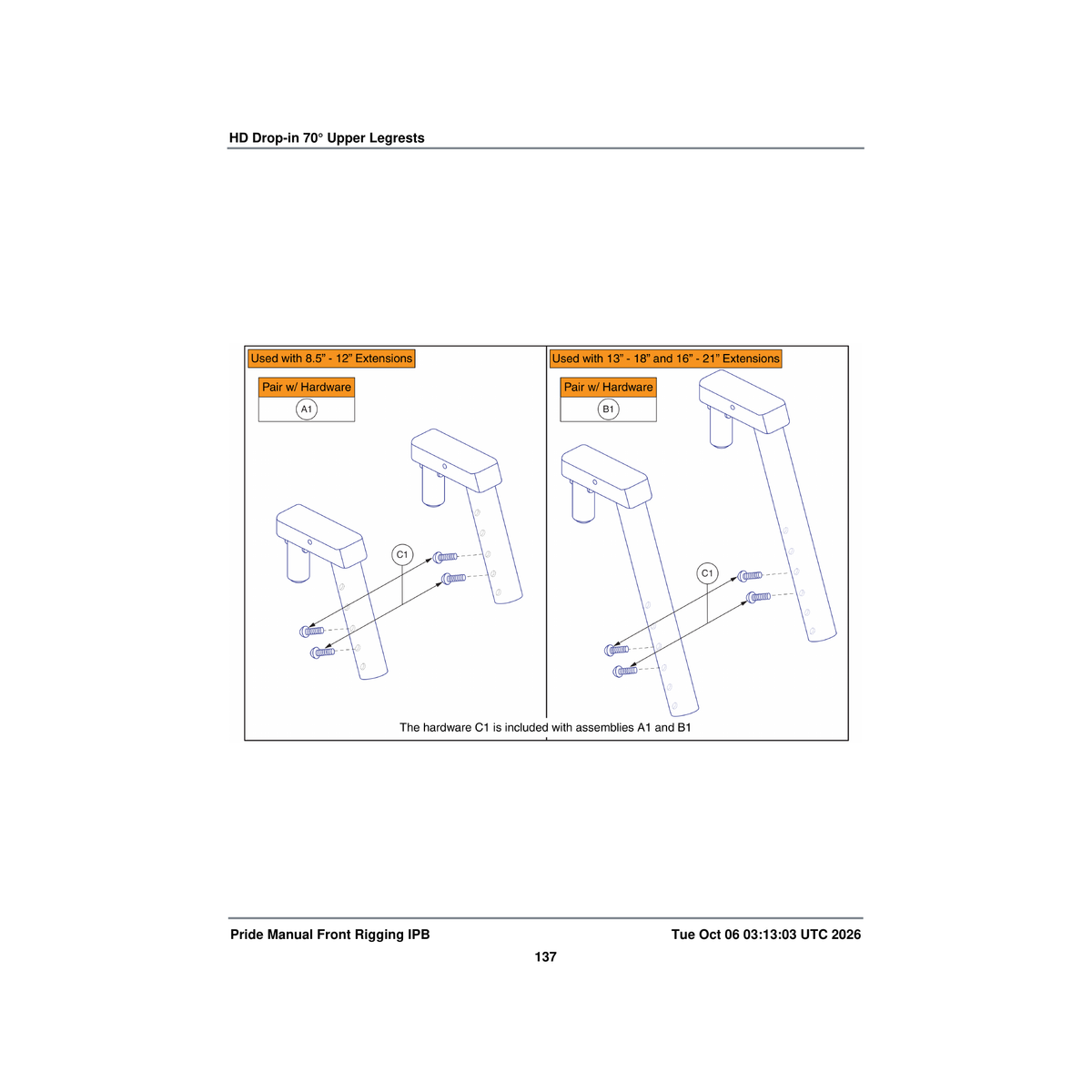 Pride Mobility FRMASMB4762 70a° hd drop-in upper legrest assembly for 8.5 inch -12 inch parts diagram