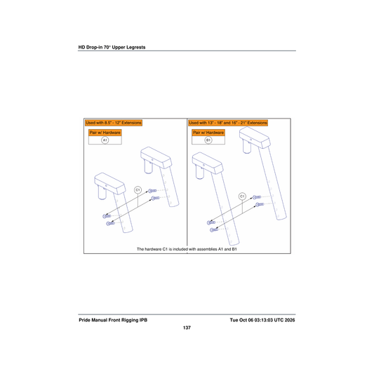 Pride Mobility FRMASMB4853 70a° hd drop-in upper legrest assembly for 13 inch -18 inch parts diagram