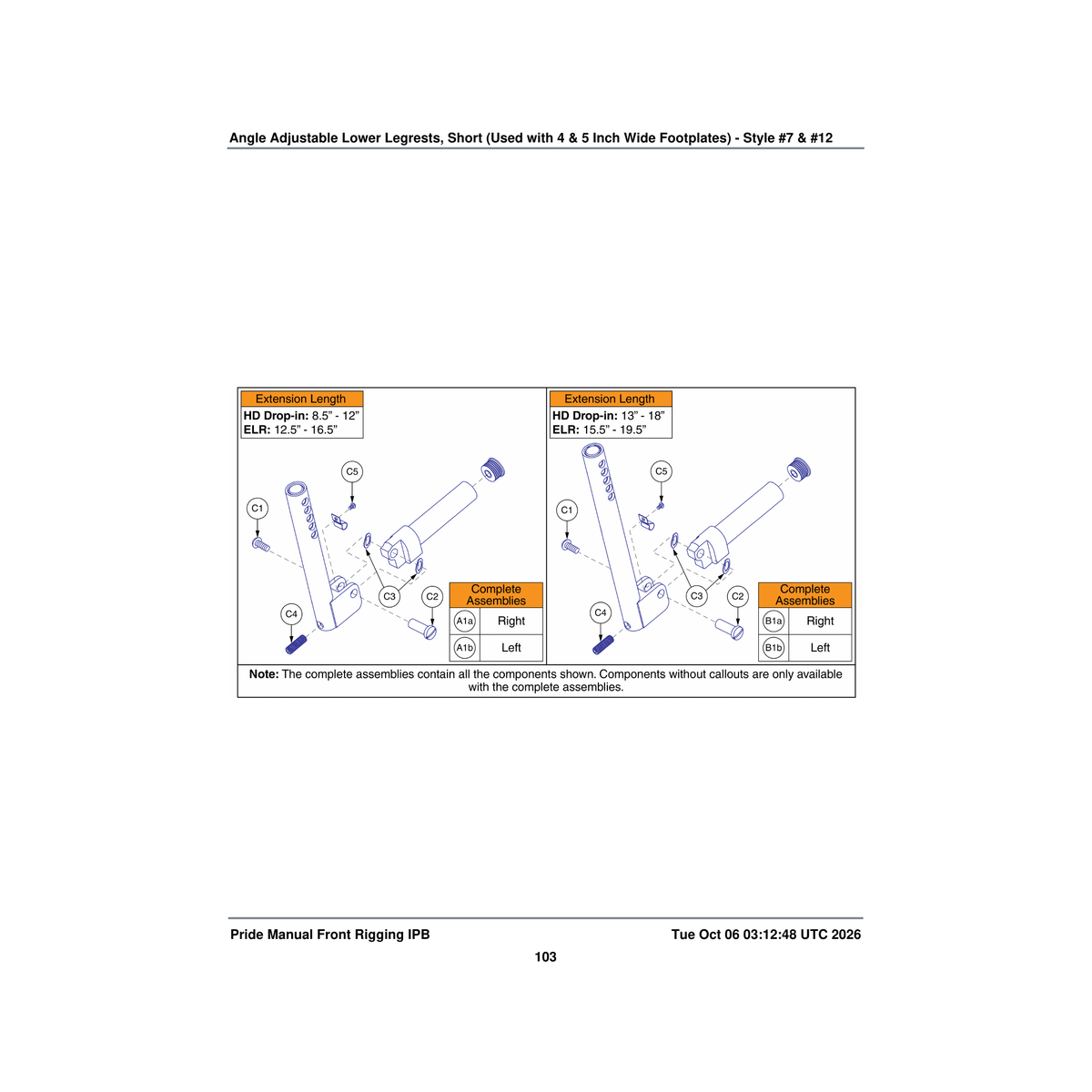 Pride Mobility FRMASMB5136 angle adjustable legrest assembly lower 8.5 inch -12 inch parts diagram