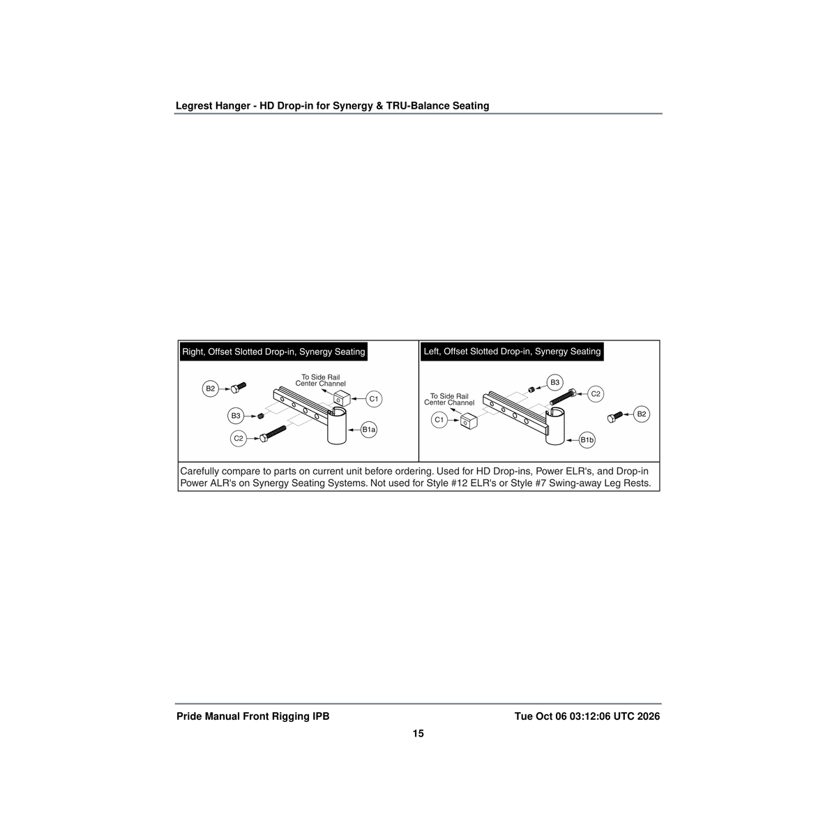 Pride Mobility FRMASMB5252 drop-in legrest hanger assembly synergy slotter offset right parts diagram