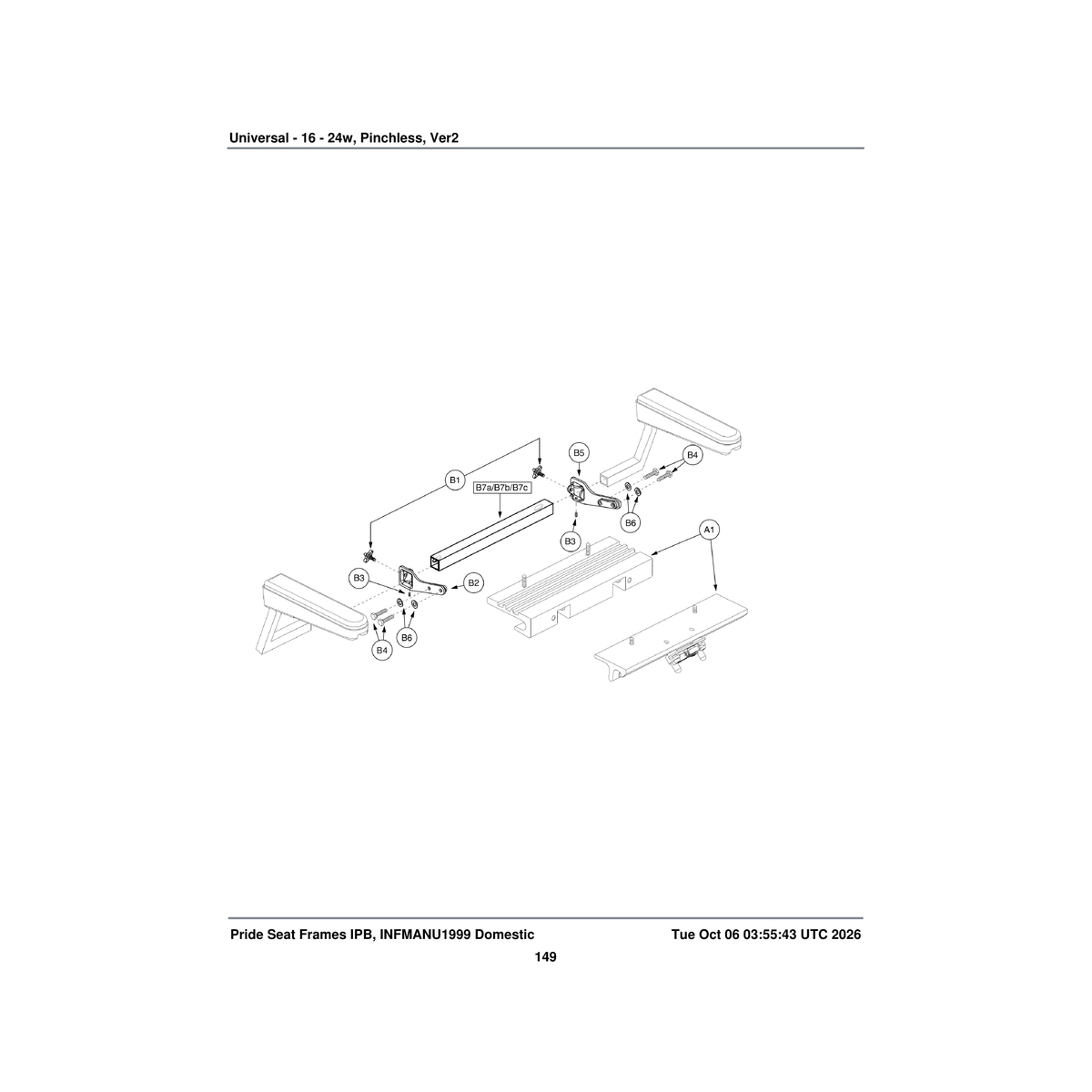Pride Mobility FRMASMB5408 pinchless hinge universal with quick release seat frame parts diagram