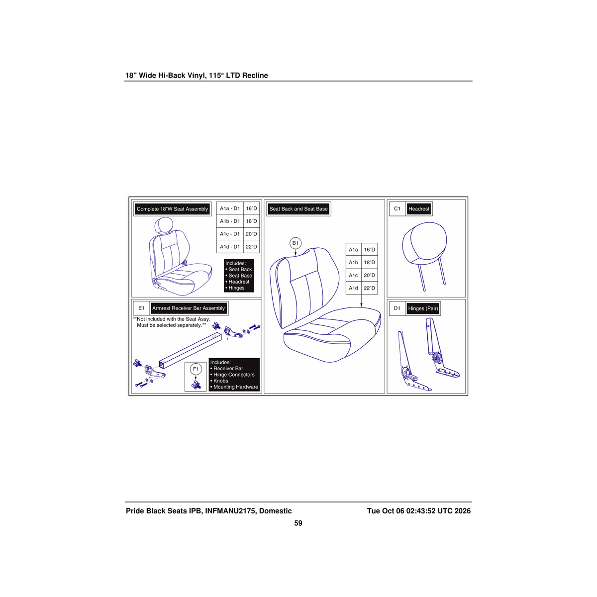 Pride Mobility FRMASMB5815 115° ltd rec hinge armrest receiver bar assembly 19 inch w parts diagram