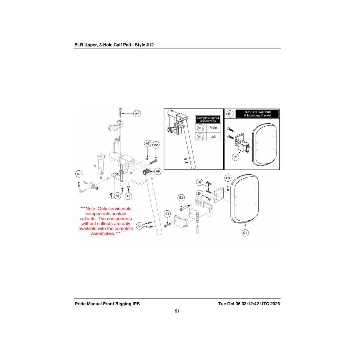 Pride Mobility FRMASMB6432 3 hole calf pad assembly depth adjustable with mounting parts diagram