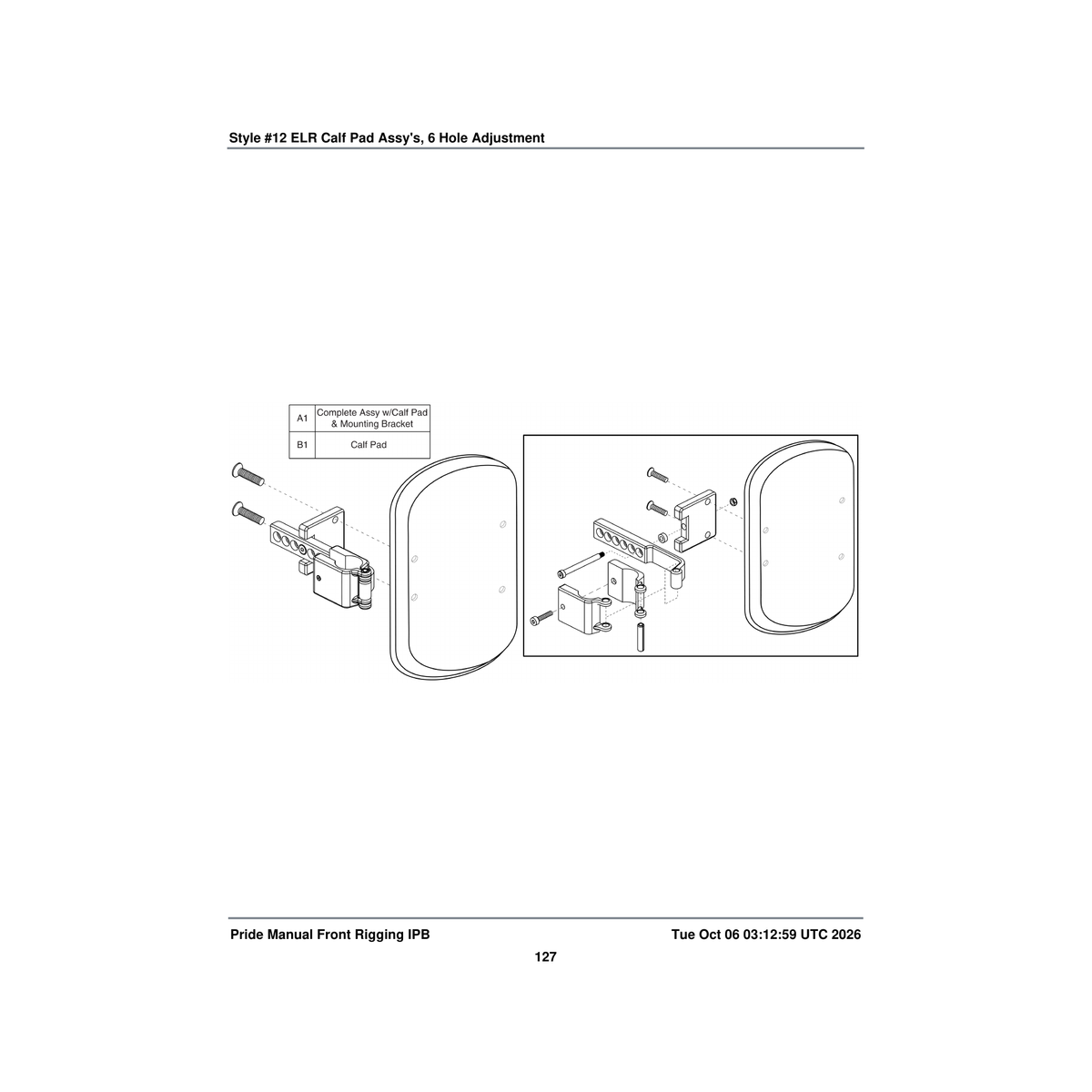 Pride Mobility FRMASMB6433 6 hole calf pad assembly depth adjustable with mounting parts diagram