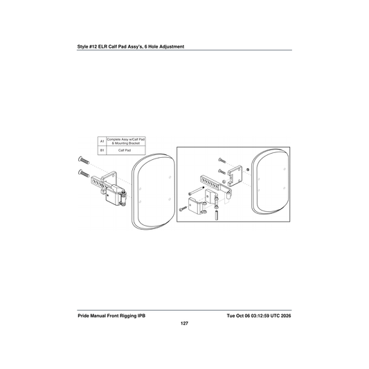 Pride Mobility FRMASMB6433 6 hole calf pad assembly depth adjustable with mounting parts diagram
