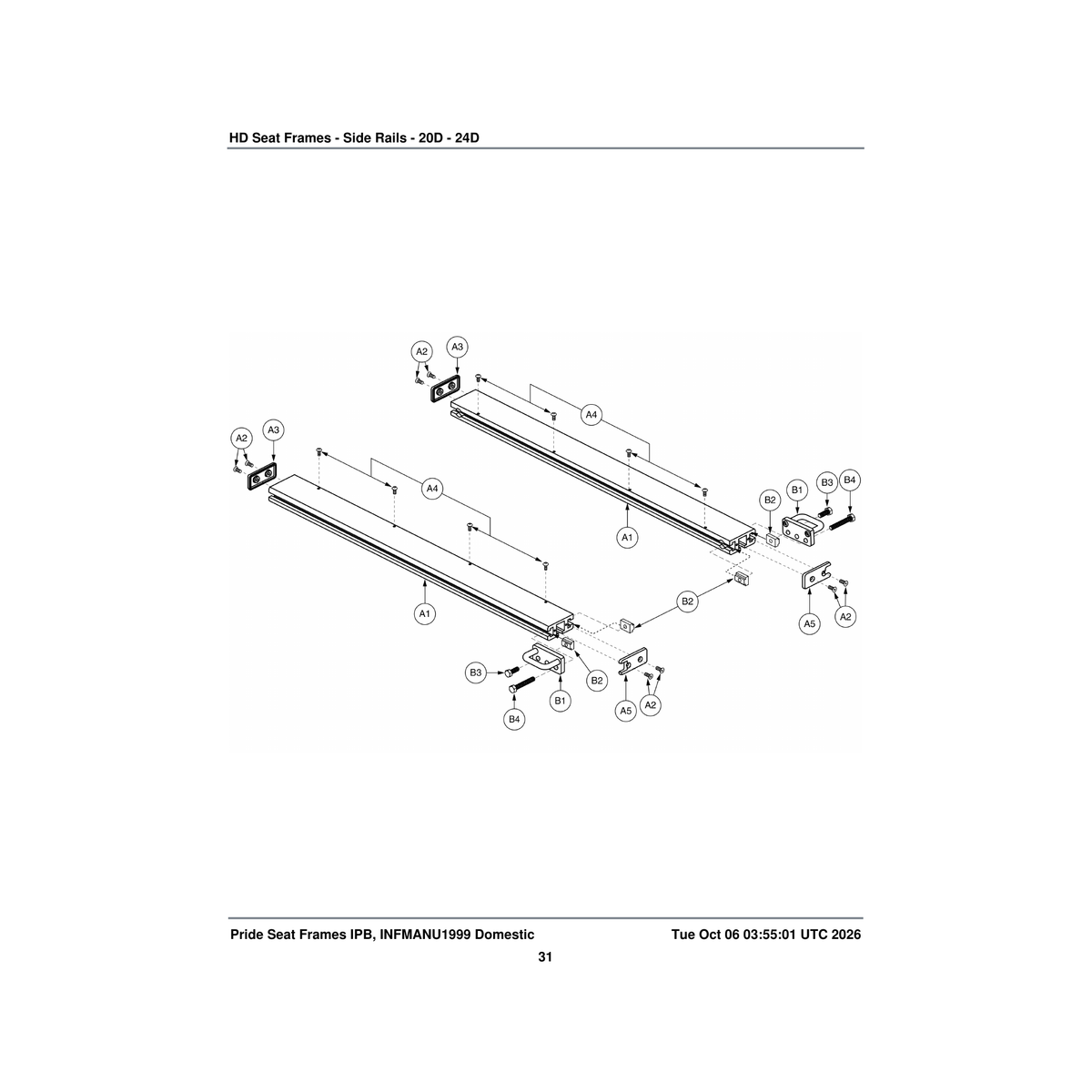 Pride Mobility FRMASMB6824 side rail seat frame assembly 20 inch d-24 inch d synergy parts diagram