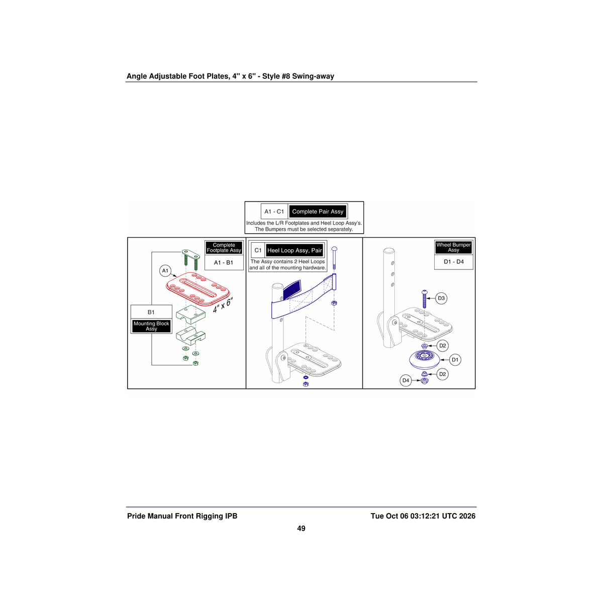 Pride Mobility FRMASMB7454 16.87 inch l heel loop assembly adjustable with hardware parts diagram