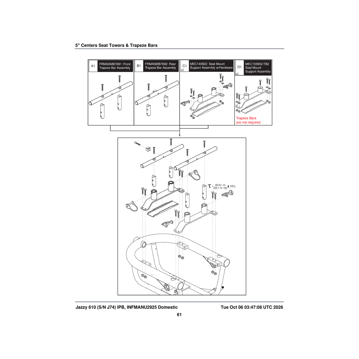 Pride Mobility FRMASMB7691 5.00'' seat tower assembly front trapeze bar parts diagram