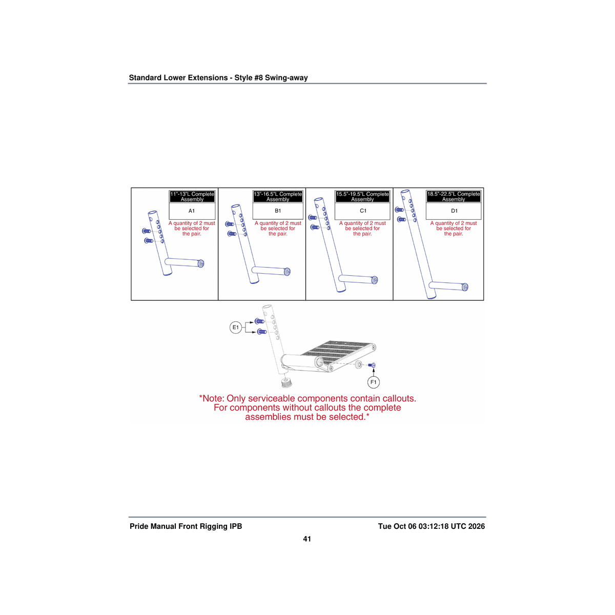 Pride Mobility FRMASMB7846 s/a #8 footrest assembly lower extension 18.5 inch -22.5 parts diagram