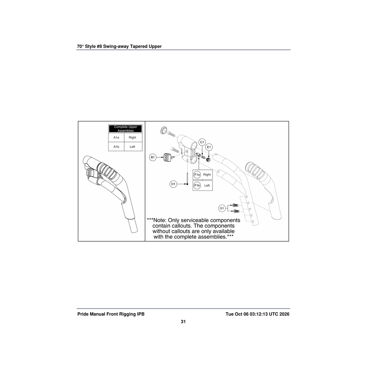Pride Mobility FRMASMB7858 70a° s/a #8 upper footrest assembly tapered right parts diagram