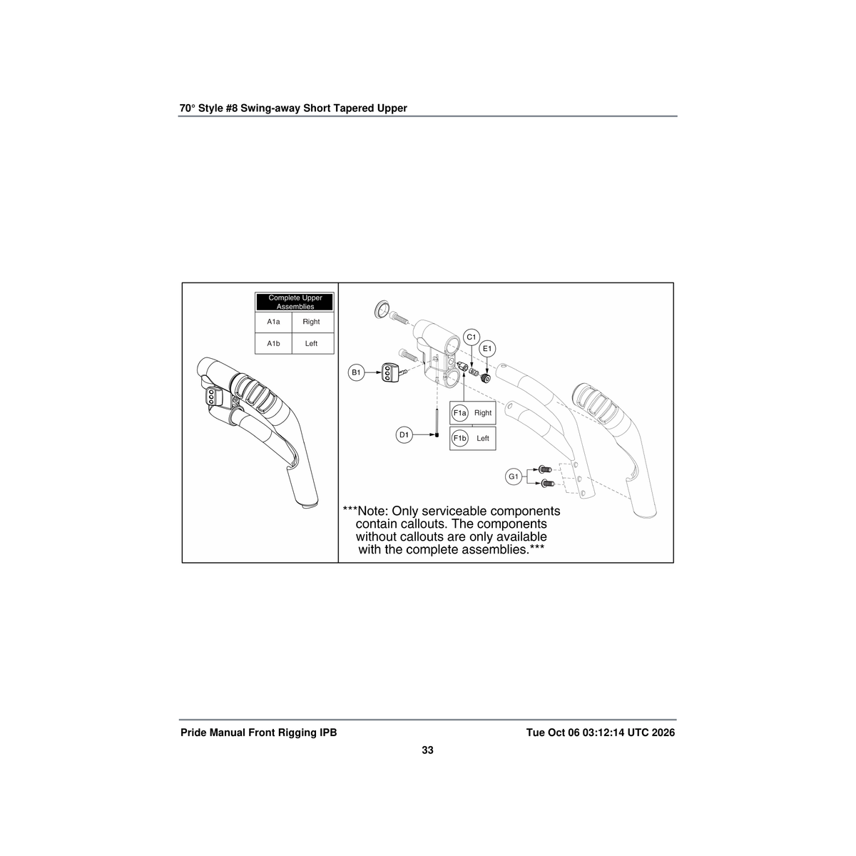 Pride Mobility FRMASMB8058 70a° s/a #8 upper footrest assembly short tapered left parts diagram