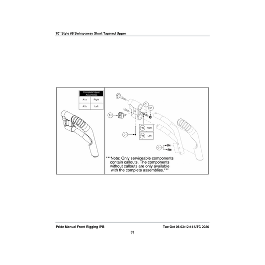 Pride Mobility FRMASMB8058 70a° s/a #8 upper footrest assembly short tapered left parts diagram