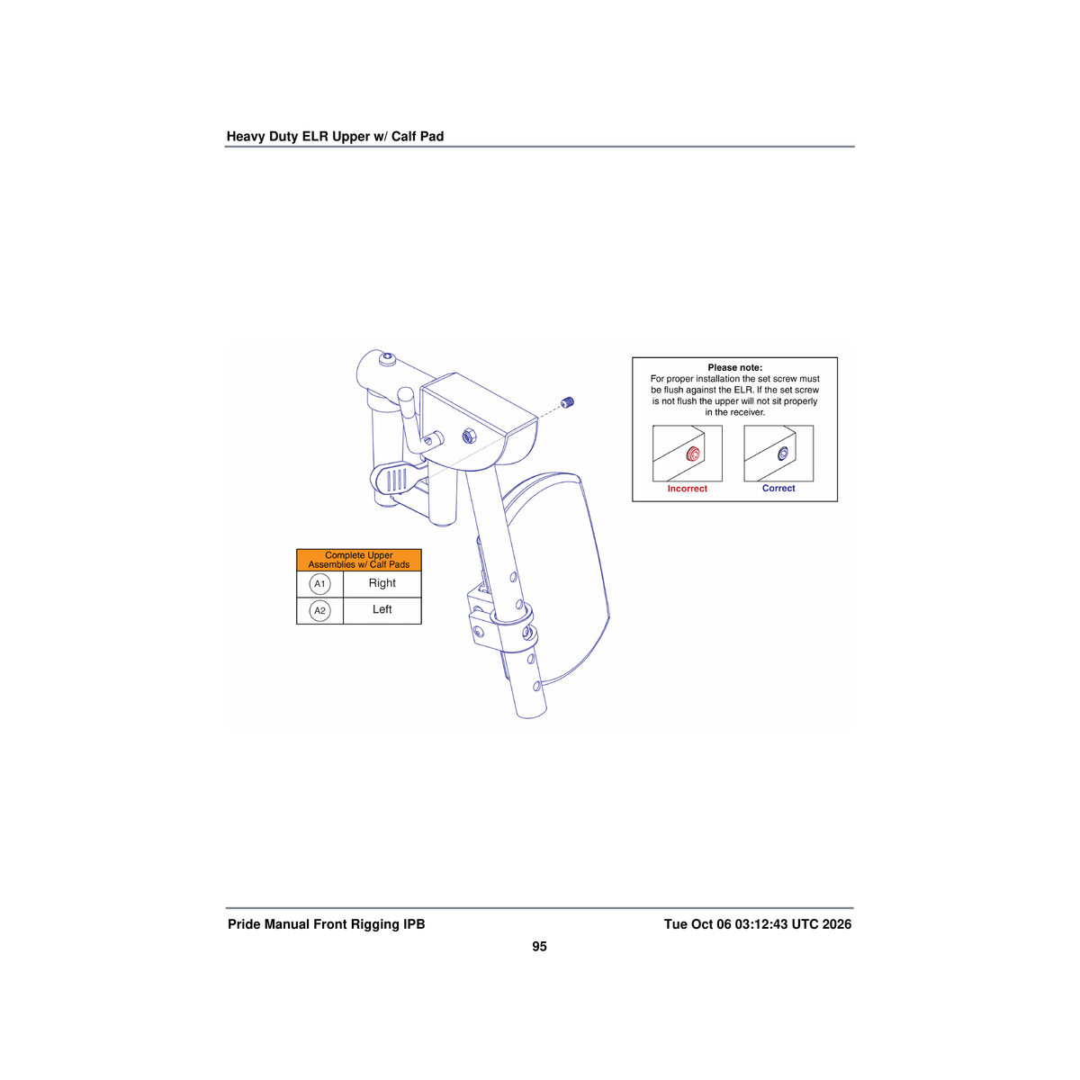 Pride Mobility FRMASMB8444 elr upper legrest assembly heavy duty with calf pads left parts diagram