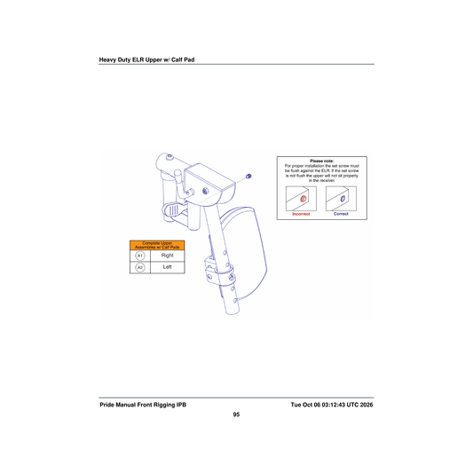 Pride Mobility FRMASMB8444 elr upper legrest assembly heavy duty with calf pads left parts diagram