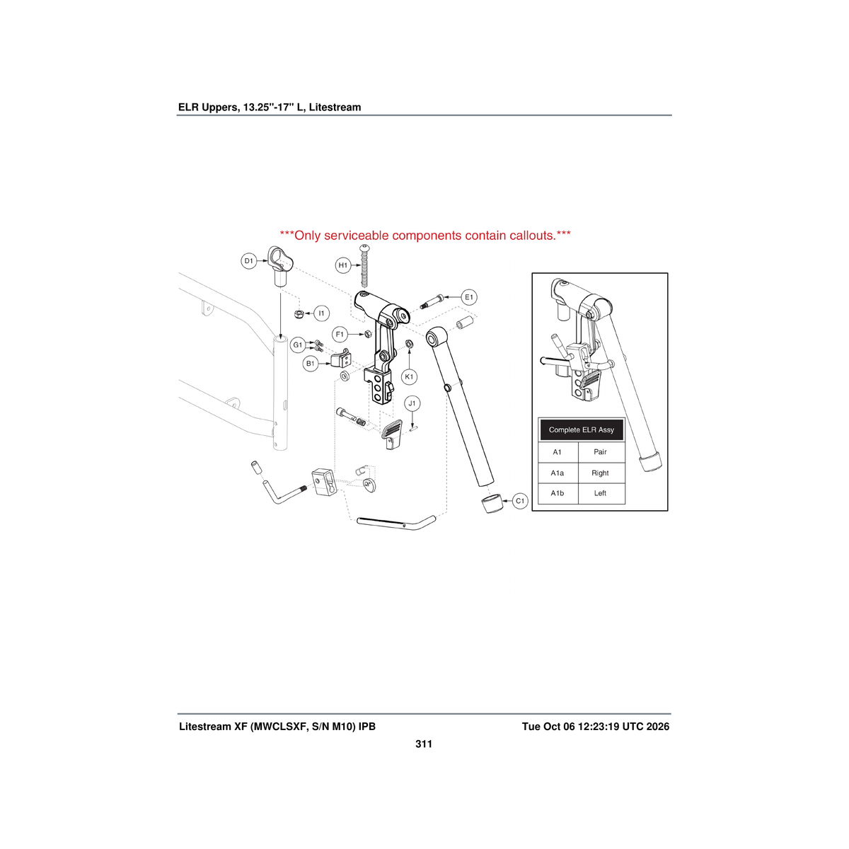 Pride Mobility FRMASMB8925 elr legrest assembly 13.25 inch -17 inch litestreamxf upper parts diagram