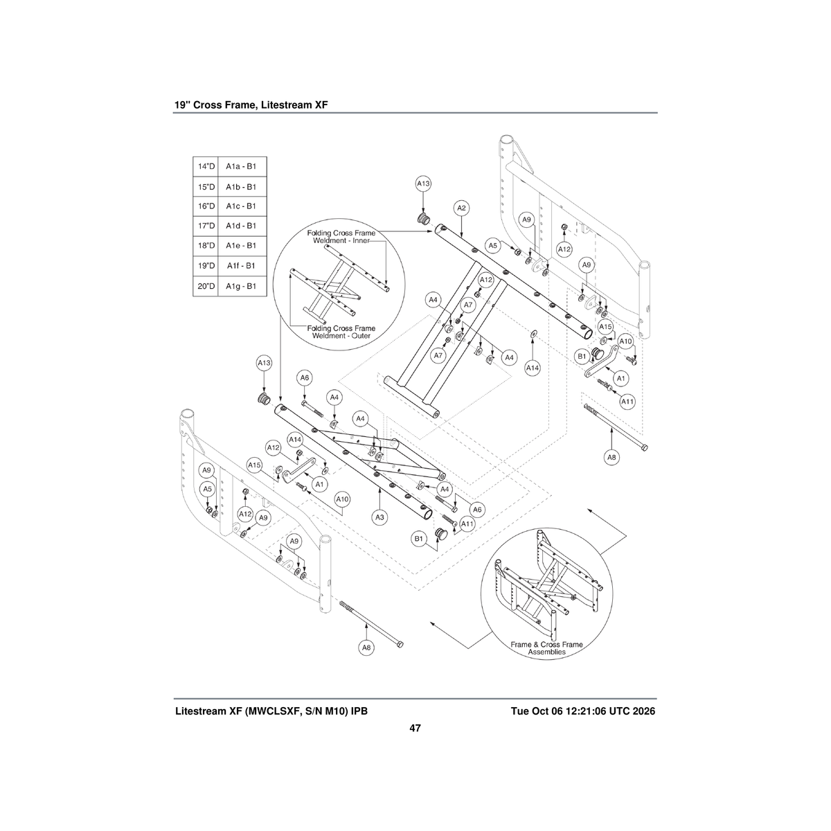 Pride Mobility FRMASMB9036 folding cross frame frame assembly 19 inch w 18 inch d parts diagram