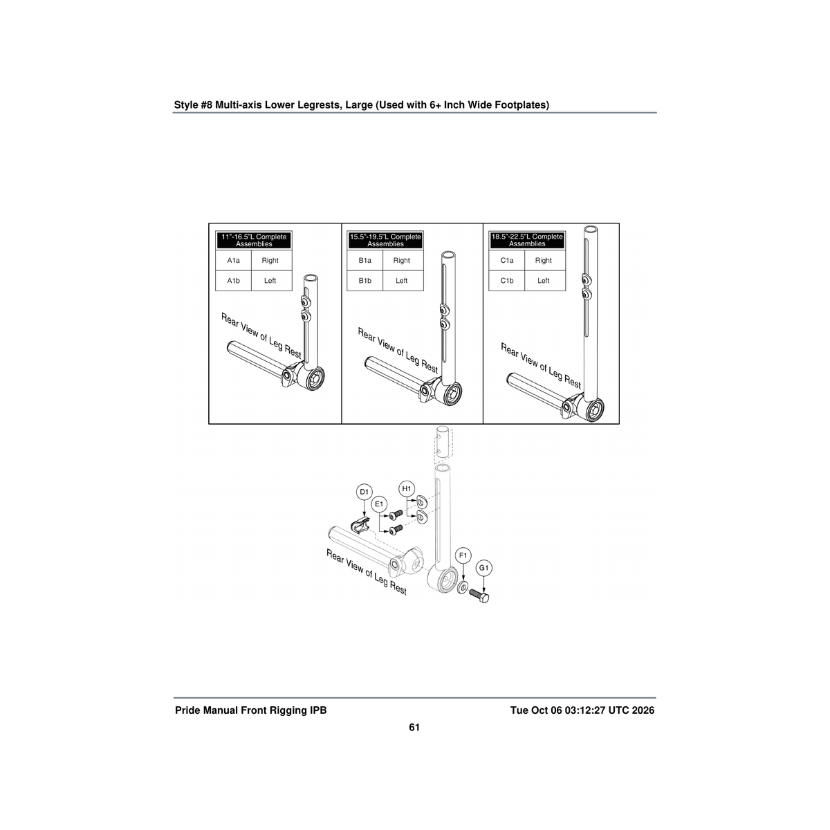 Pride Mobility FRMASMB9164 multi-axis lower legrest assembly 15.5 inch -19.5 inch ext parts diagram