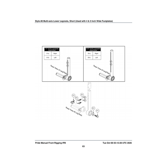 Pride Mobility FRMASMB9173 multi-axis lower legrest assembly 15.5 inch -19.5 inch ext parts diagram