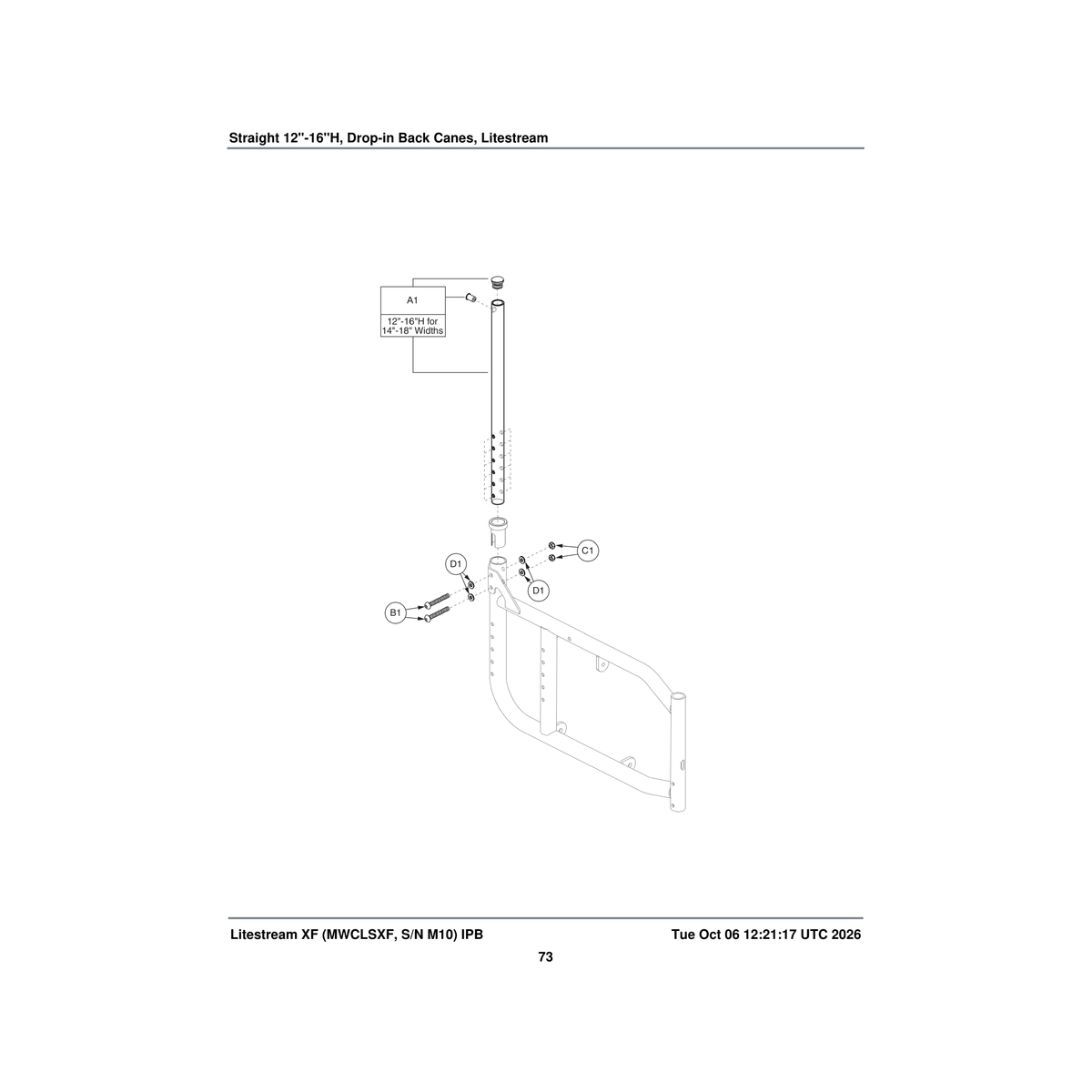 Pride Mobility FRMASMB9243 drop-in back cane assembly straight 12 inch h-16 inch h parts diagram